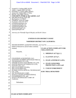 CLASS ACTION COMPLAINT 1 2 3 4 5 6 7 8 9 10 11 12 13 14 15 16 17 18 19 20 21 22 23 24 25 26 27 28 Joseph W. Cotchett