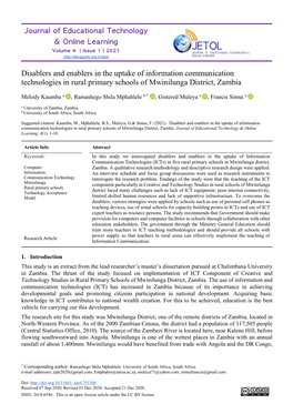 Disablers and Enablers in the Uptake of Information Communication Technologies in Rural Primary Schools of Mwinilunga District, Zambia