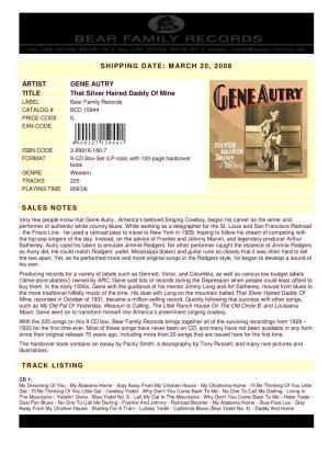 MARCH 20, 2006 ARTIST GENE AUTRY TITLE That Silver Haired