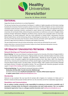 Newsletter Issue No 18: Winter 2019/20 Editorial Happy New Decade and Welcome to Our Latest Newsletter! the Last Year Has Been Busy and Exciting for the Network