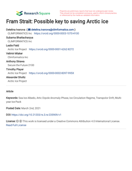 Fram Strait: Possible Key to Saving Arctic Ice