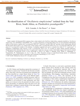 “Oscillatoria Simplicissima” Isolated from the Vaal River, South Africa, As Planktothrix Pseudagardhii ☆ ⁎ K.R