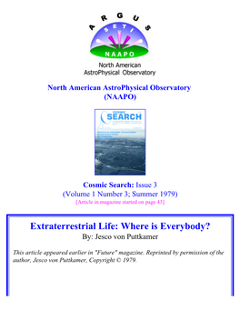 Extraterrestrial Life: Where Is Everybody? By: Jesco Von Puttkamer