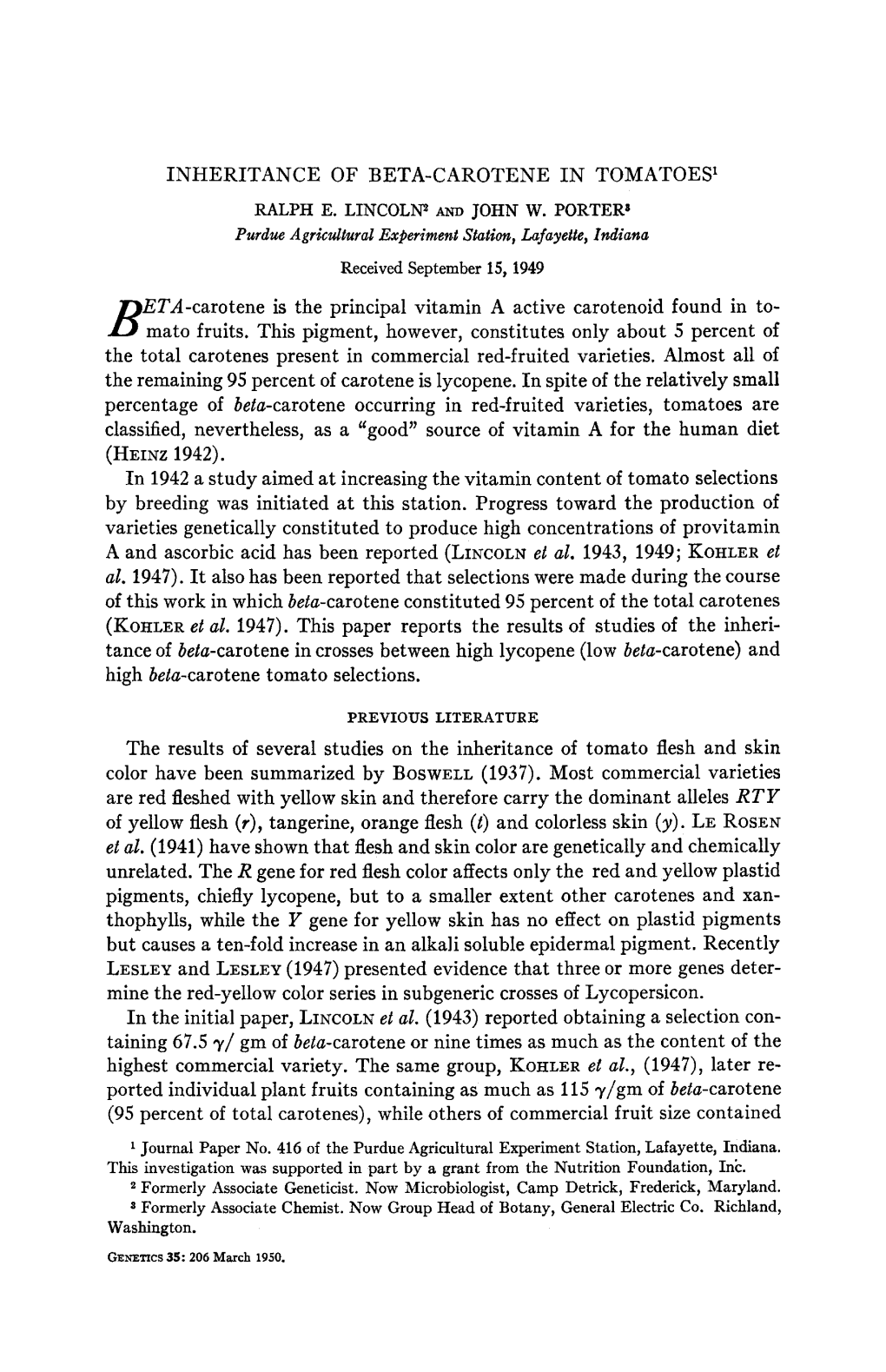 Inheritance of Beta-Carotene in Tomatoes' Eta