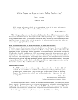 White Paper on Approaches to Safety Engineering∗
