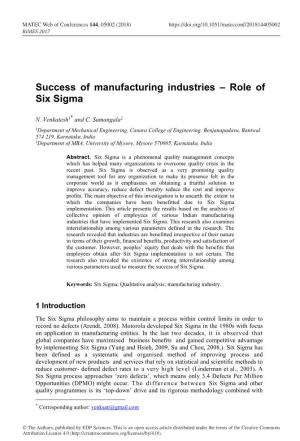 Success of Manufacturing Industries – Role of Six Sigma