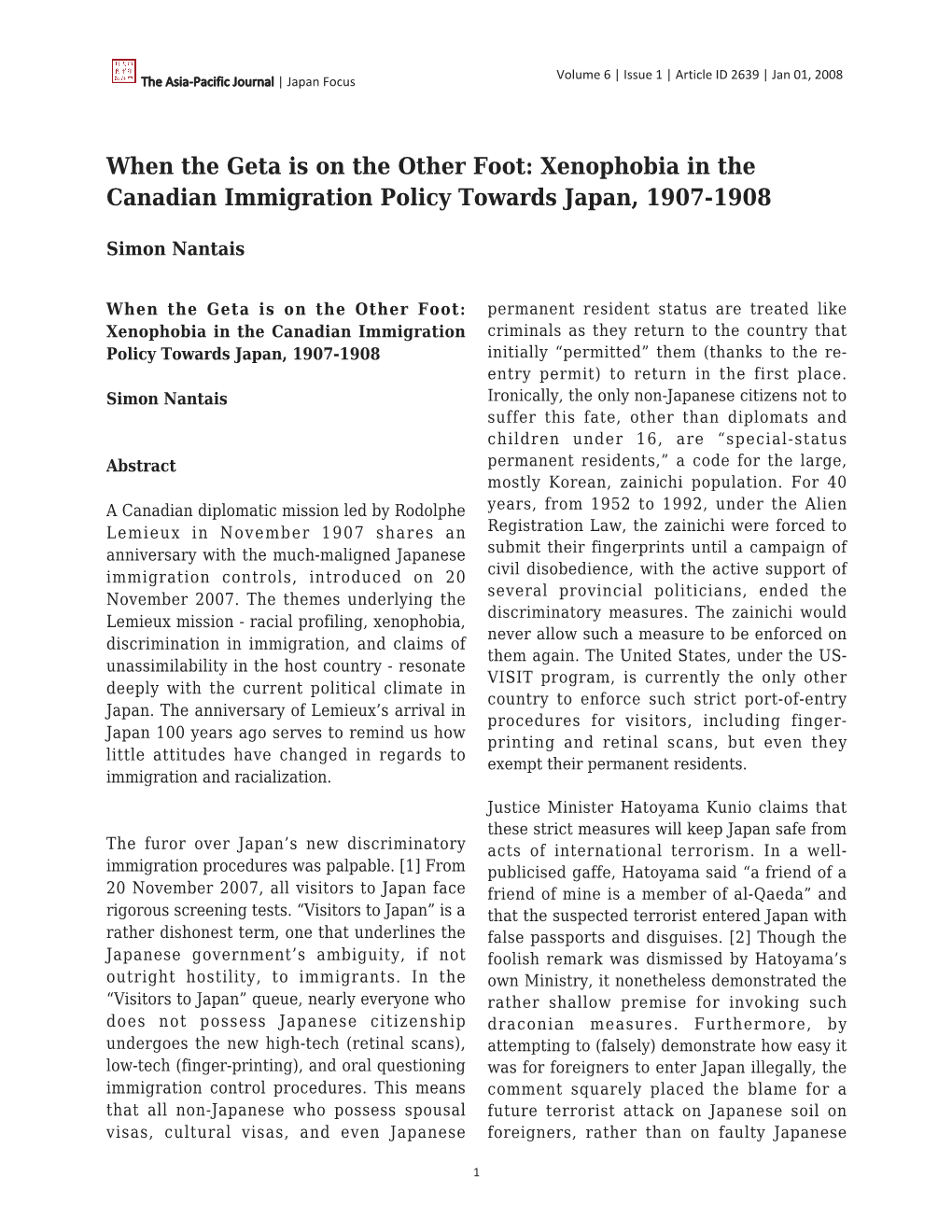 Xenophobia in the Canadian Immigration Policy Towards Japan, 1907-1908