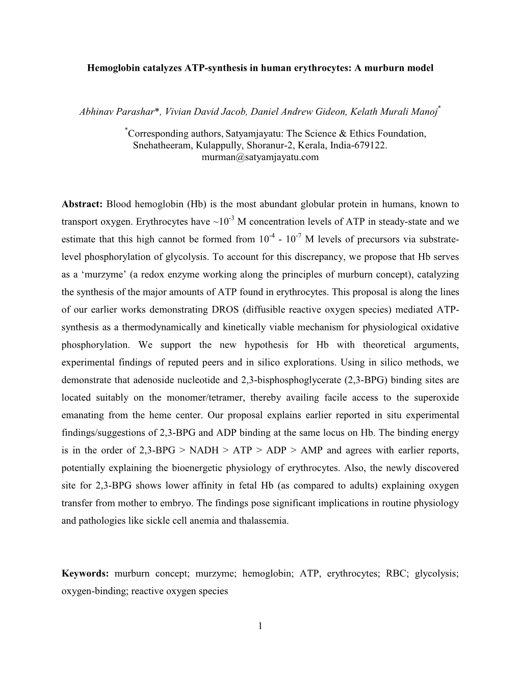 1 Hemoglobin Catalyzes ATP-Synthesis in Human