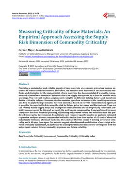 Measuring Criticality of Raw Materials: an Empirical Approach Assessing the Supply Risk Dimension of Commodity Criticality