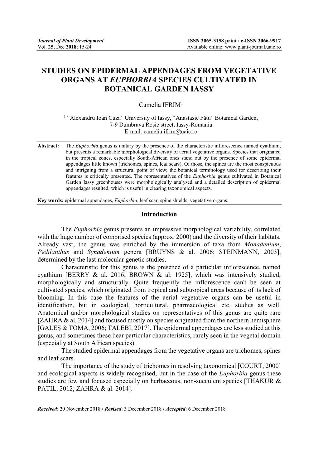 Studies on Epidermal Appendages from Vegetative Organs at Euphorbia Species Cultivated in Botanical Garden Iassy