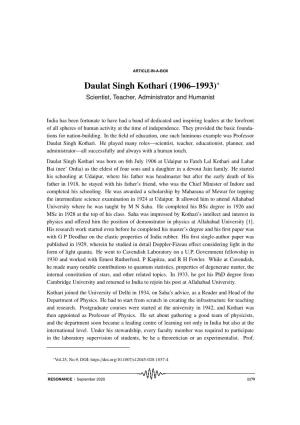 Daulat Singh Kothari (1906–1993)∗ Scientist, Teacher, Administrator and Humanist
