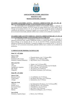 Asociación Del Fútbol Argentino Boletín Nº 5927 - Resoluciones Del 17.06.2021
