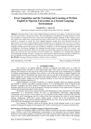 Error Linguistics and the Teaching and Learning of Written English in Nigerian Universities As a Second Language Environment
