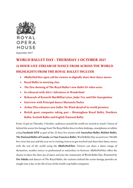 World Ballet Day - Thursday 5 October 2017 22 Hour Live Stream of Dance from Across the World