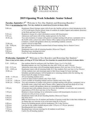 2019 Opening Week Schedule: Senior School