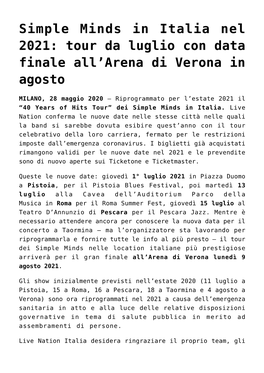 Simple Minds in Italia Nel 2021: Tour Da Luglio Con Data Finale All’Arena Di Verona in Agosto