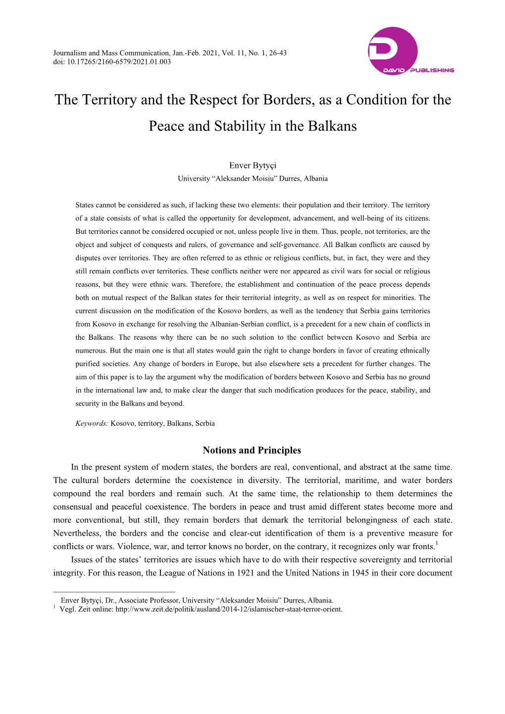 The Territory and the Respect for Borders, As a Condition for the Peace and Stability in the Balkans