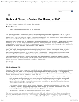 "Legacy of Ashes: the History of CIA" — Central Intelligence Agency