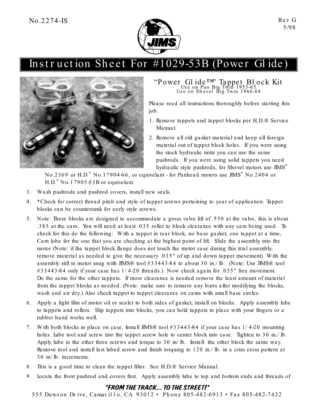 Instruction Sheet for #1029-53B (Power Glide)