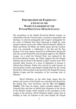 Foundation of Pakistan: a Study of the Women Leadership of the Punjab Provincial Muslim League