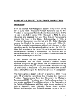 Madagascar: Report on December 2006 Election