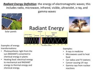 Radiant Energy Definition: the Energy of Electromagnetic Waves; This Includes Radio, Microwave, Infrared, Visible, Ultraviolet, X-Ray, and Gamma Waves