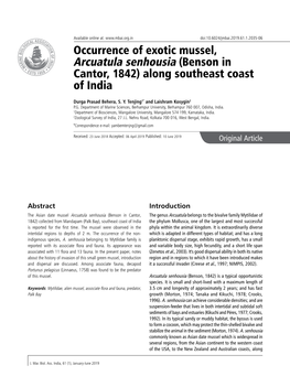 Occurrence of Exotic Mussel, Arcuatula Senhousia (Benson in Cantor, 1842) Along Southeast Coast of India