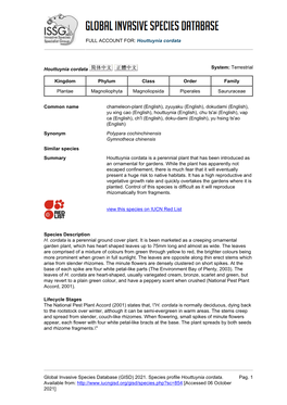 FULL ACCOUNT FOR: Houttuynia Cordata Global Invasive Species Database (GISD) 2021. Species Profile Houttuynia Cordata. Available