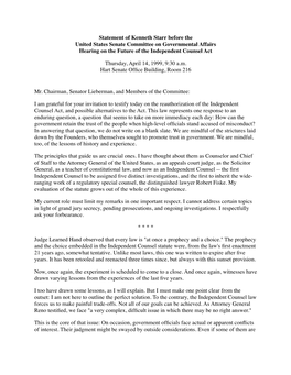Statement of Kenneth Starr Before the United States Senate Committee on Governmental Affairs Hearing on the Future of the Independent Counsel Act
