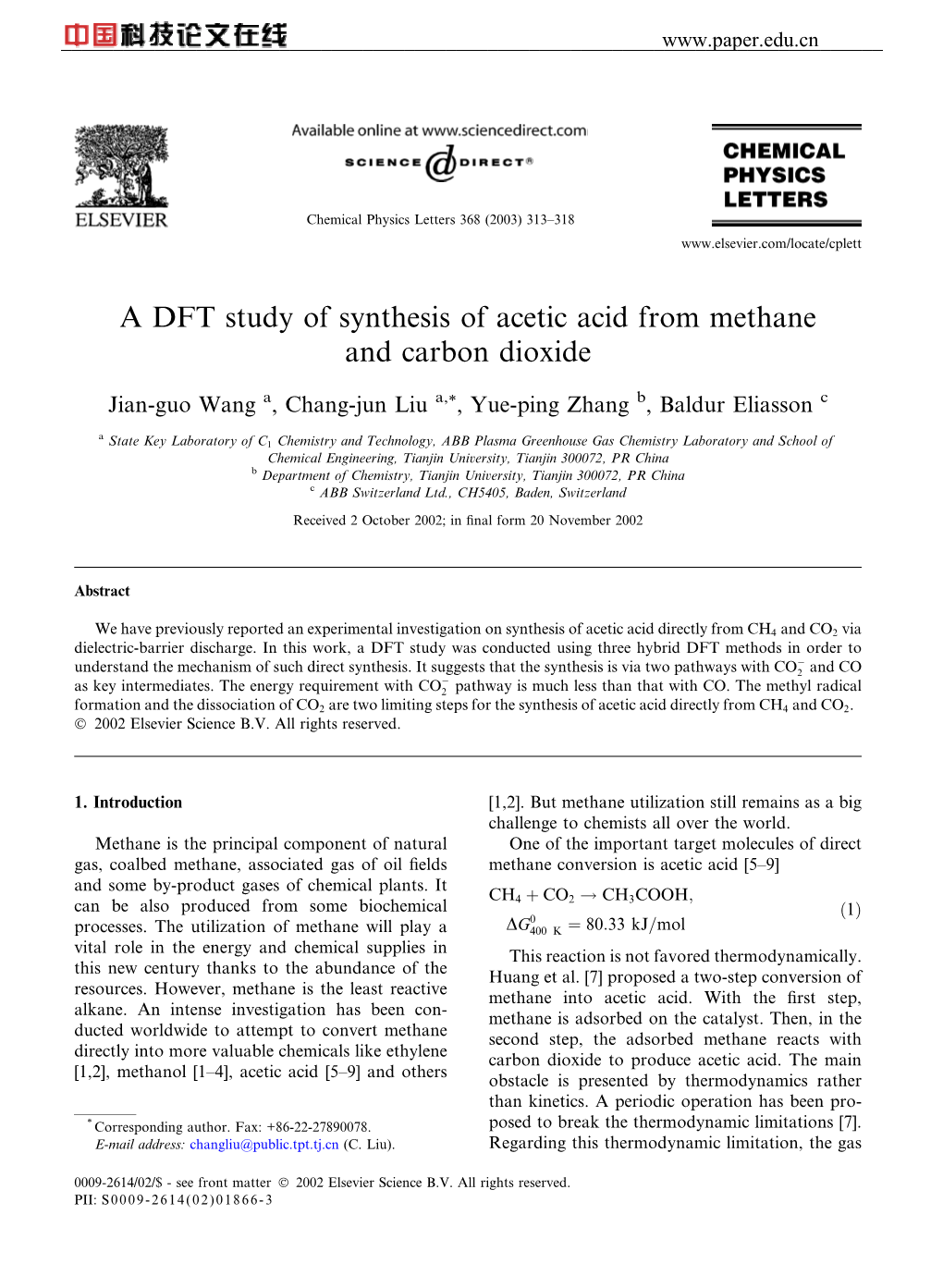 A DFT Study of Synthesis of Acetic Acid from Methane and Carbon Dioxide