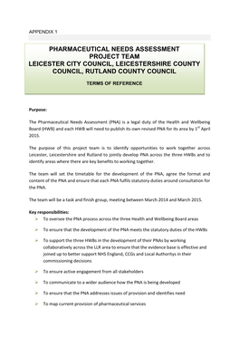 Pharmaceutical Needs Assessment Project Team Leicester City Council, Leicestershire County Council, Rutland County Council