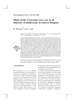 Status of the Corncrake Crex Crex As an Indicator of Biodiversity in Eastern Hungary