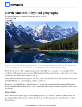 North America: Physical Geography by National Geographic, Adapted by Newsela Staff on 09.22.17 Word Count 782 Level 740L