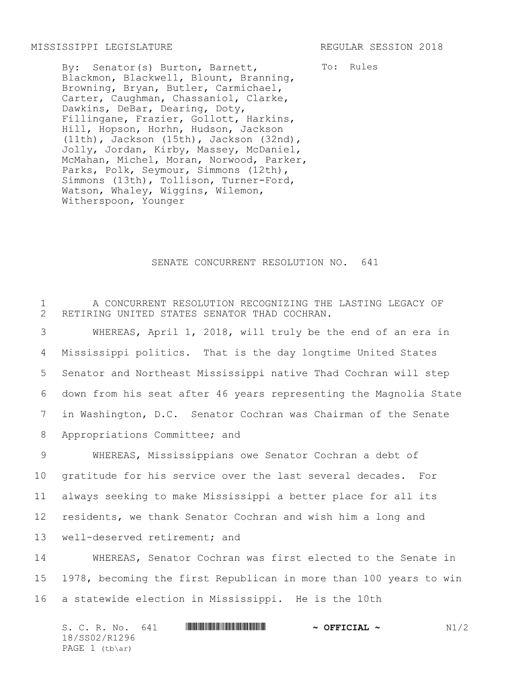 MISSISSIPPI LEGISLATURE REGULAR SESSION 2018 By: Senator(S) Burton, Barnett, Blackmon, Blackwell, Blount, Branning, Brown