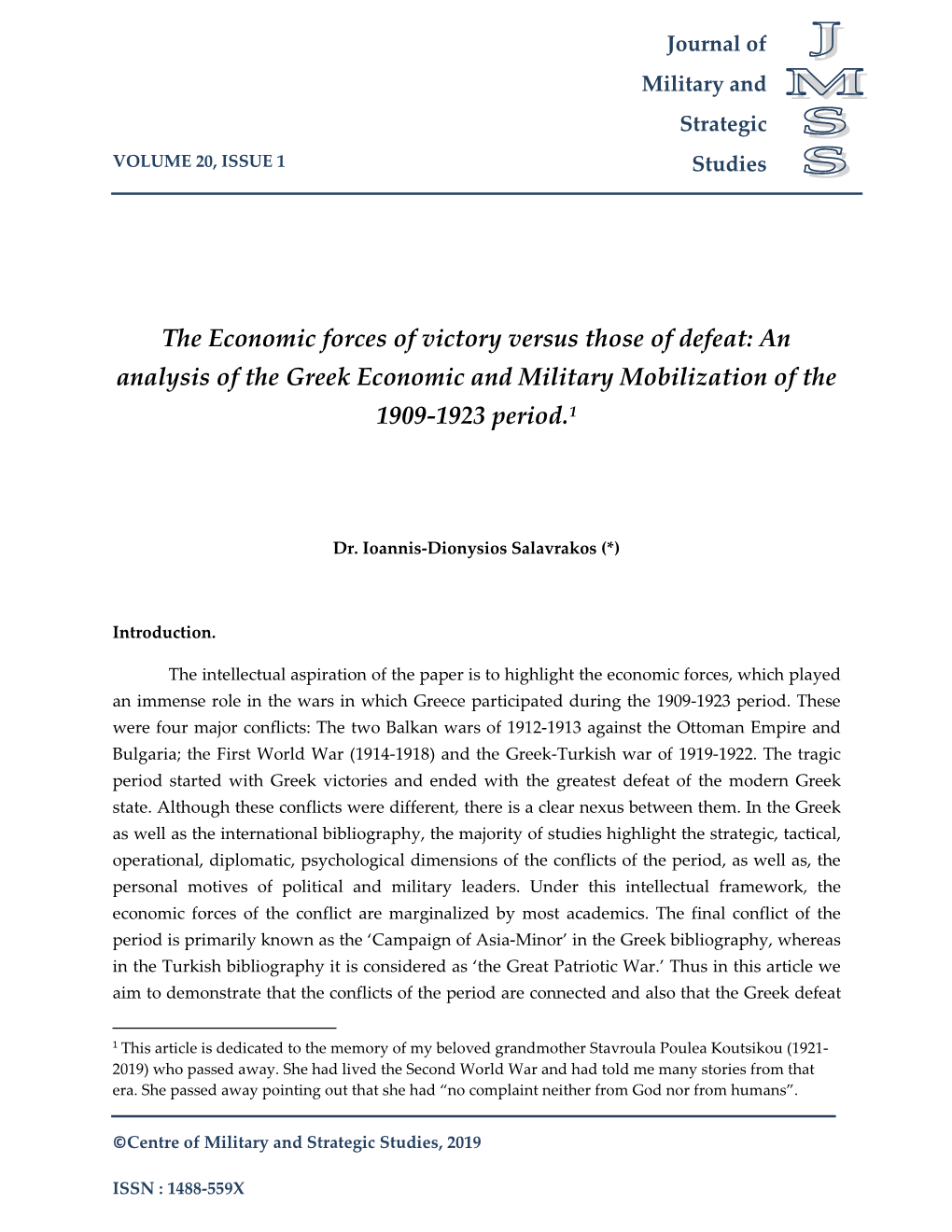 An Analysis of the Greek Economic and Military Mobilization of the 1909-1923 Period.1