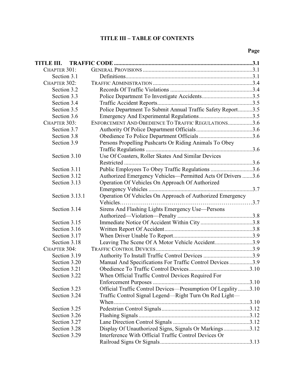 TABLE of CONTENTS Page TITLE III. TRAFFIC CODE