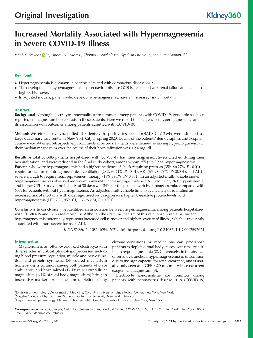 Increased Mortality Associated with Hypermagnesemia in Severe COVID-19 Illness