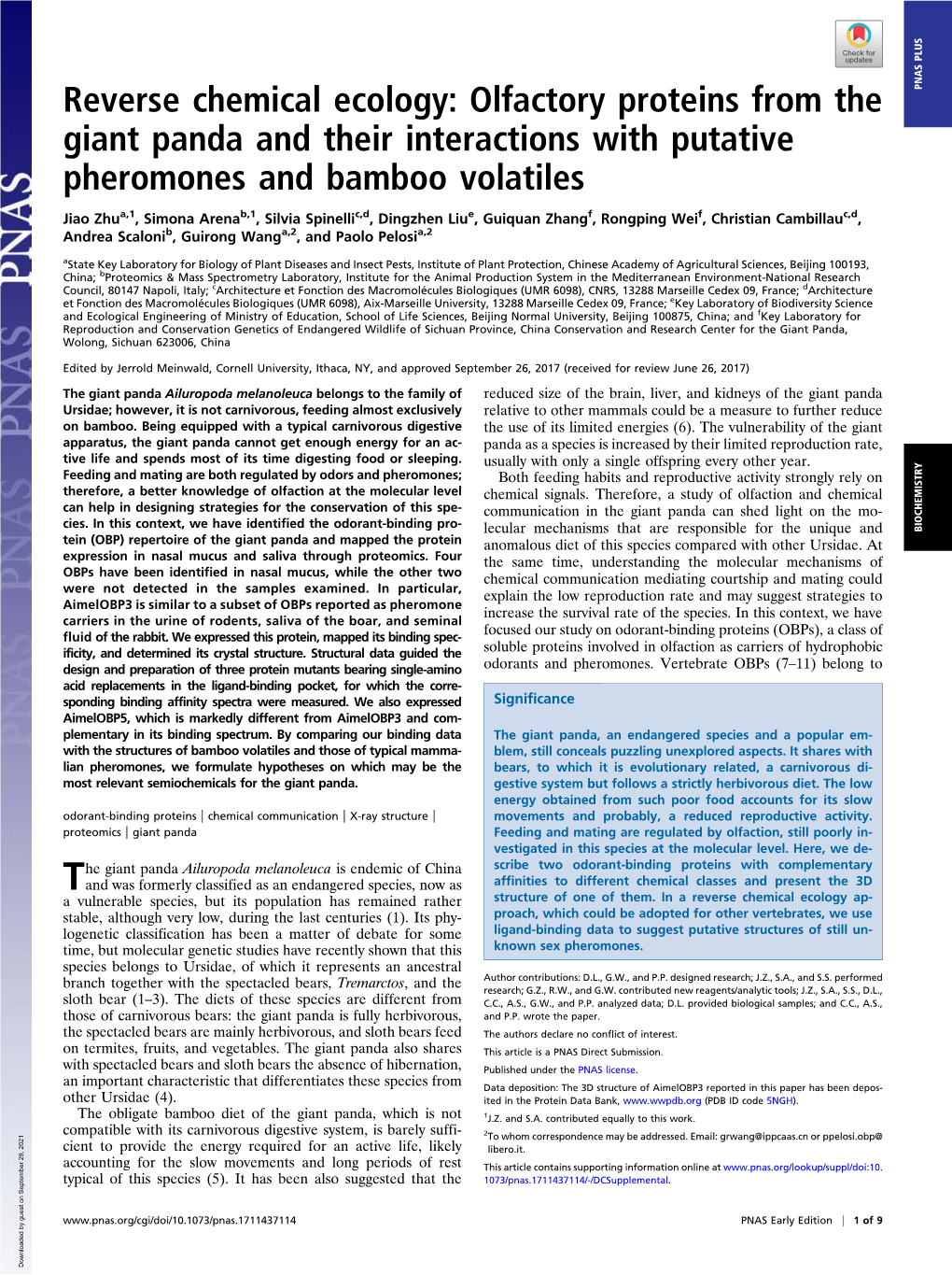 Olfactory Proteins from the Giant Panda and Their Interactions