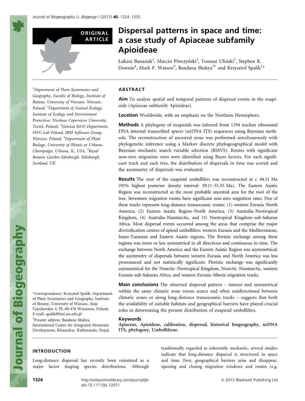 Dispersal Patterns in Space and Time: a Case Study of Apiaceae Subfamily