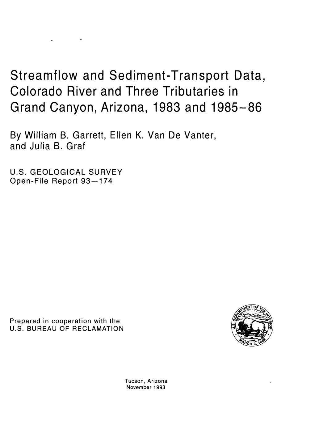 Streamflow and Sediment-Transport Data, Colorado River and Three Tributaries in Grand Canyon, Arizona, 1983 and 1985-86