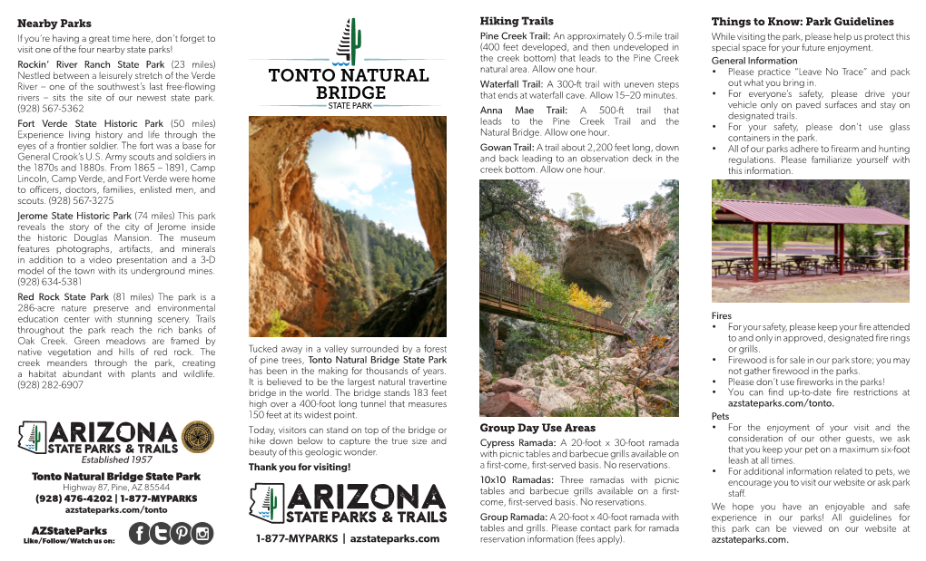 Tonto Natural Bridge State Park • Firewood Is for Sale in Our Park Store; You May a Habitat Abundant with Plants and Wildlife