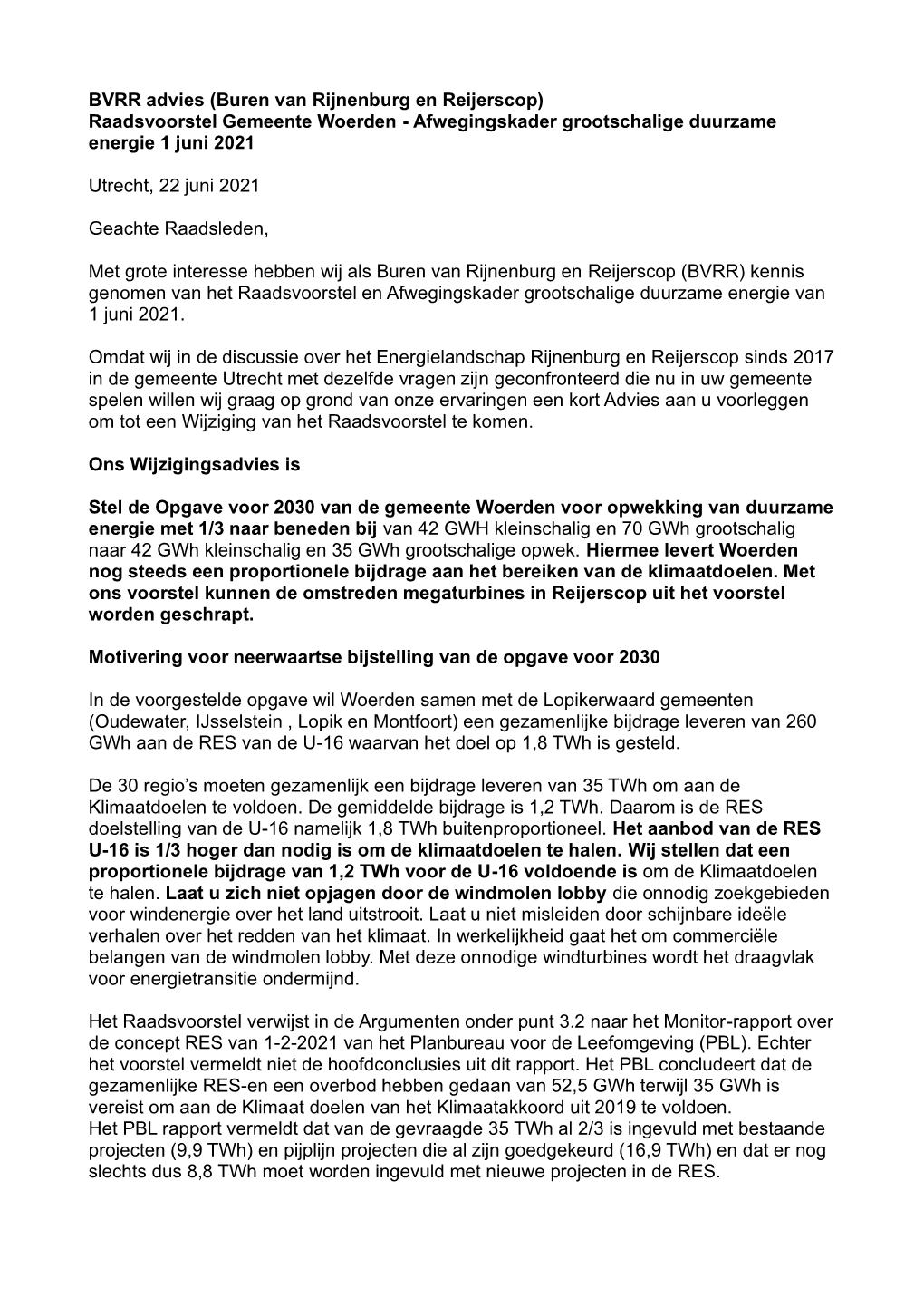 Buren Van Rijnenburg En Reijerscop) Raadsvoorstel Gemeente Woerden - Afwegingskader Grootschalige Duurzame Energie 1 Juni 2021