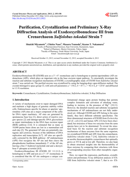 Purification, Crystallization and Preliminary X-Ray Diffraction Analysis of Exodeoxyribonuclease III from Crenarchaeon Sulfolobus Tokodaii Strain 7