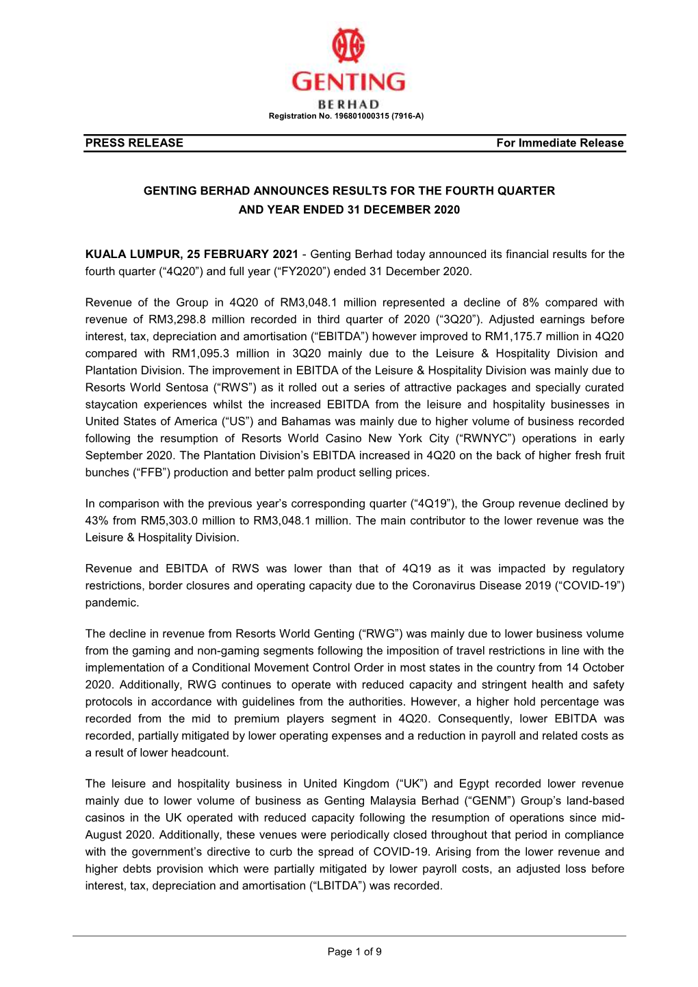 PRESS RELEASE for Immediate Release GENTING