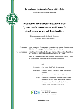 Production of Cynaropicrin Extracts from Cynara Cardunculus Leaves and Its Use for Development of Wound Dressing Films