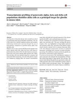 Transcriptomic Profiling of Pancreatic Alpha, Beta and Delta Cell Populations Identifies Delta Cells As a Principal Target for Ghrelin in Mouse Islets