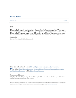 French Land, Algerian People: Nineteenth-Century French Discourse on Algeria and Its Consequences Paige Gulley Chapman University, Gulle105@Mail.Chapman.Edu