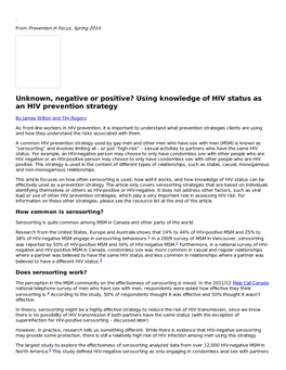 Using Knowledge of HIV Status As an HIV Prevention Strategy