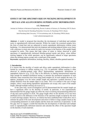 Effect of the Specimen Size on Necking Development in Metals and Alloys During Superplastic Deformation A.G