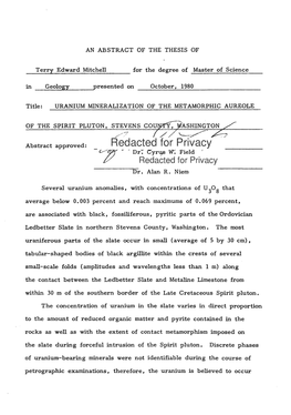 Uranium Mineralization of the Metamorphic Aureole of the Spirit Pluton, Stevens County, Washington by Terry Edward Mitchell